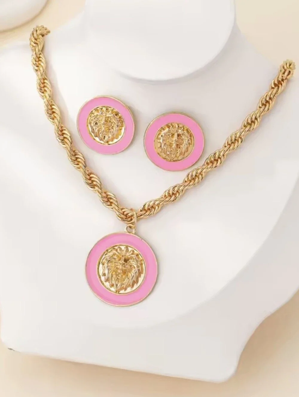 Gold & Pink Lion Earrings & Necklace